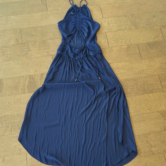 Ramy Brook Ruched Back Pleated Midi Dress Navy Womens Size 0 - Picture 5 of 9